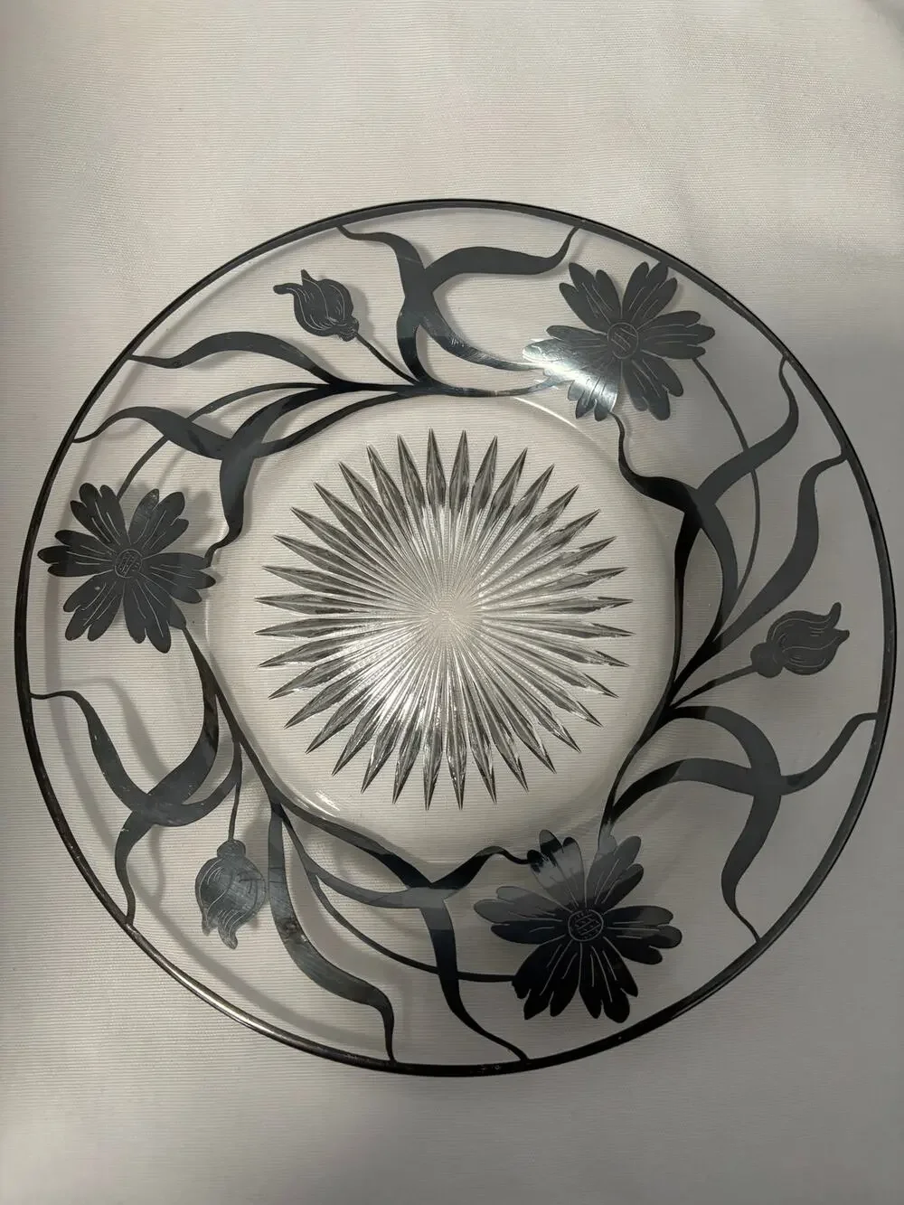 Vintage Silver Overlay Floral Clear Glass Plate